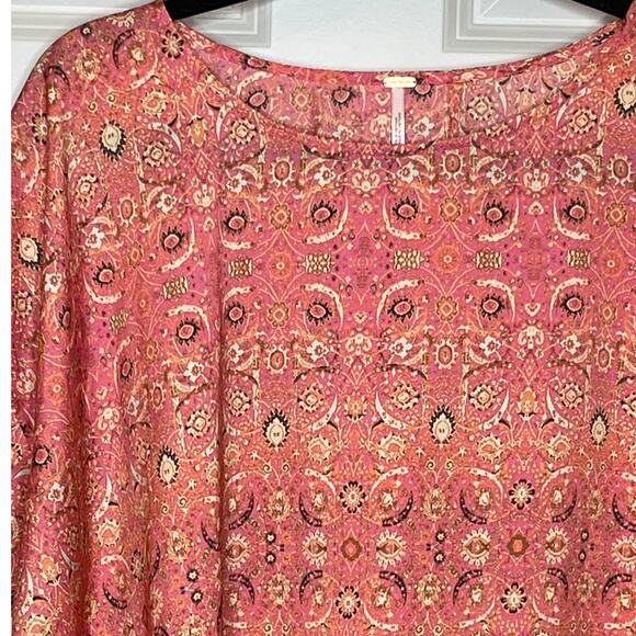Free People Marion Pink Printed Silky Crop Split Back Shirt Size 10 Floral - Picture 2 of 12